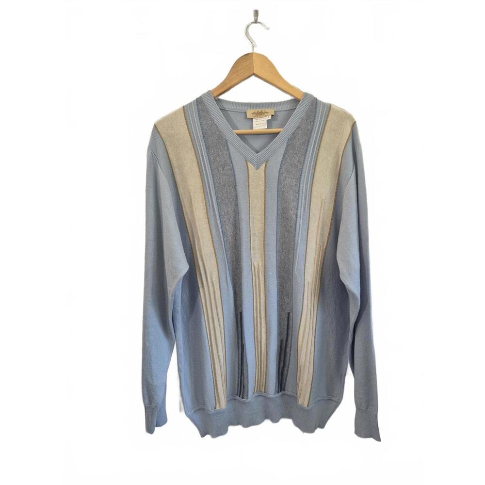Montechiaro Made In Italy Mens Long Sleeve V-Neck Sweater Blue Tan Stripe